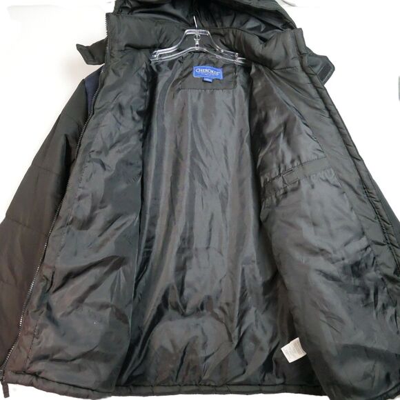 Cherokee Mens Size L  Black w Blue Hooded Puffer Jacket Full Zip - Picture 2 of 12